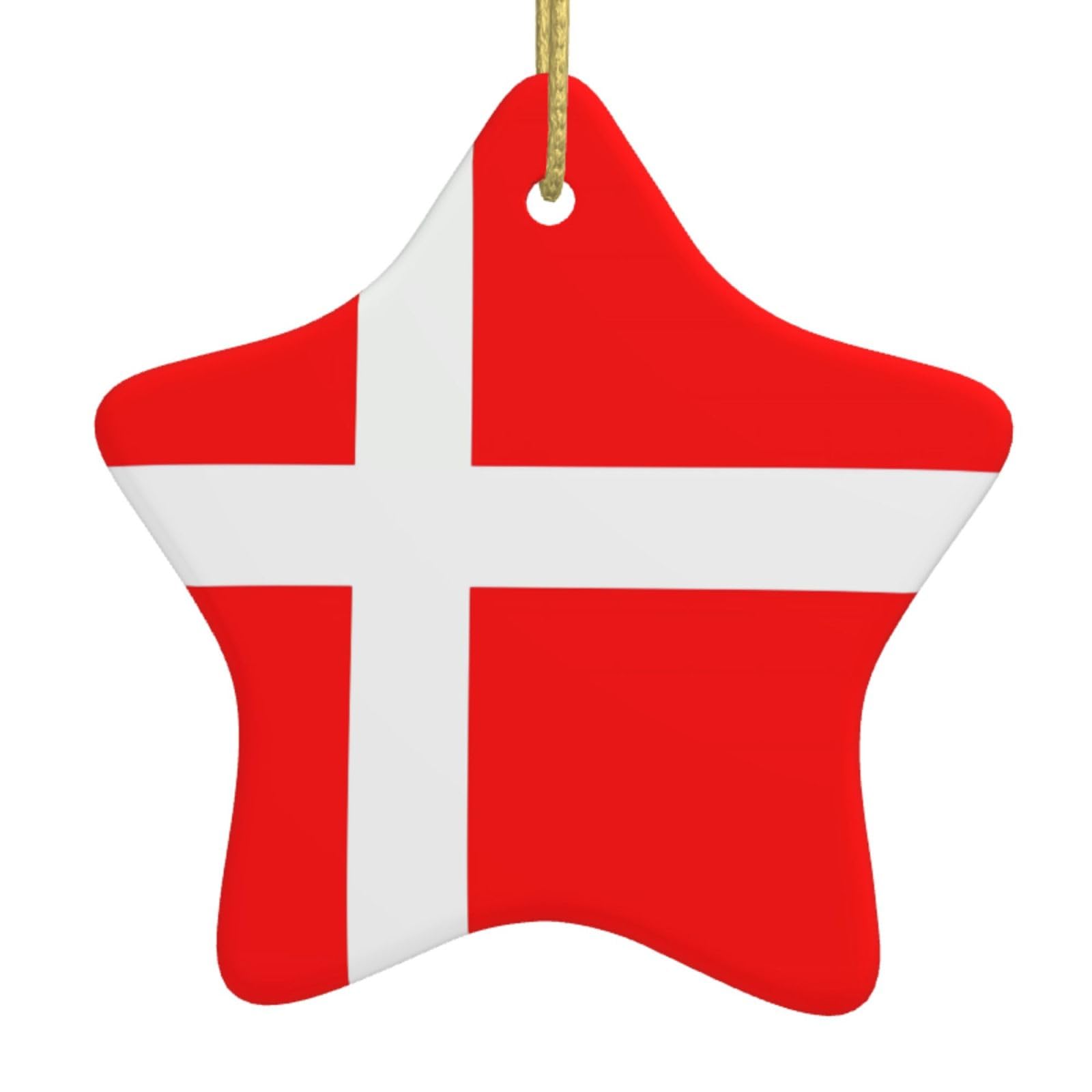 Denmark Danish Flag Christmas Ceramic Star Pendant with Punched Holes and Gold Wire Rope, Christmas Tree Home Decoration