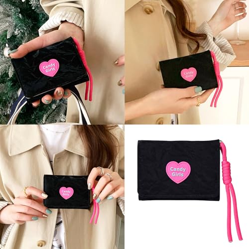 Stylish Compact Wallet with Contrast Color Design Credit Card Holder and Transparent Slot Multi Functional Purse, Black, 11x8x2cm2