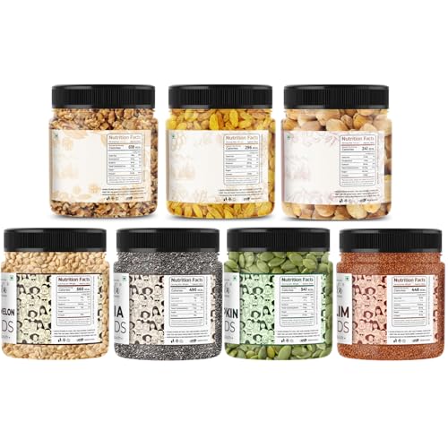 Image of LILA DRY FRUITS Dry Fruits & Seeds Combo - Walnut, Apricot, Raisins with Chia, Pumpkin, Watermelon & Halim Seeds 100 Gms x 7 | Healthy Mix for Daily Nutrition & Snacking Perfect for Gifting