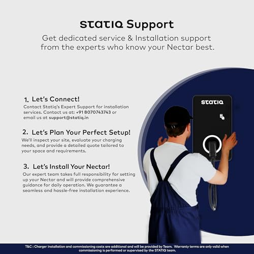 Image of Statiq 11kW Smart Nectar Home EV Charger with 5m Cable | App + RFID | Auto Cut-Off, Load Balancing | ARAI Certified, IP66 Rated | 2-Year Warranty
