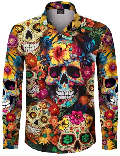 Mens Day of The Dead Dia De Los Muertos Shirt Mexican Sugar Skull Long Sleeve Button Down Costume, Flower Skull, XXX-Large