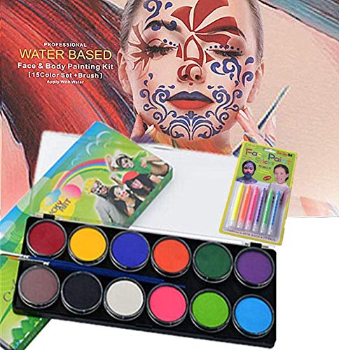 Professional Water Based Face&Body Painting Kit 12 Colors with Fluorescent Paintbrush for Kids Art Show Halloween Party Colsplay Makeup