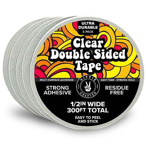 HIPPIE CRAFTER 5 Pack Clear Double Sided Tape, 1/2 Inch Wide Heavy-Duty Adhesive, Removable Mounting Tape for Posters, Carpets, Wall-Safe Use, 60 Feet Each, 300ft Total