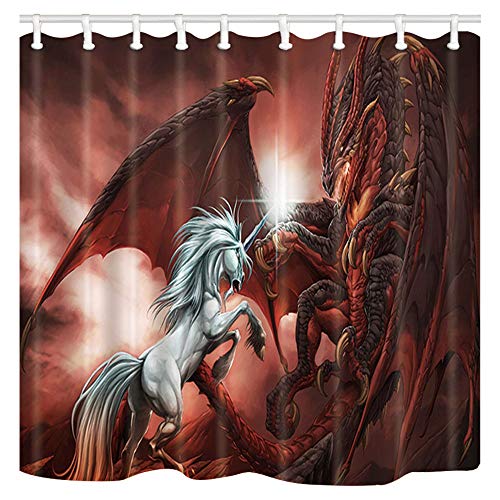 Shocur Fantasy Shower Curtain, Red Dragon And White Unicorn, 69 X 70 Inches Polyester Fabric Medieval Magic Theme Bathroom Decor Set With 12 Hooks #TOP9