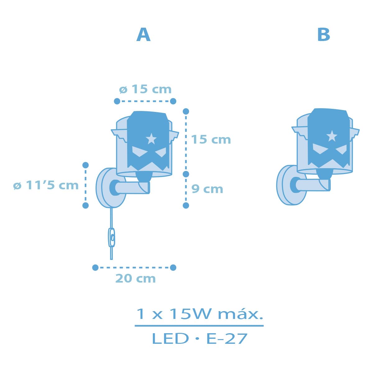 Dalber Lámpara Aplique Pared Infantil Blue Hero | Lámpara aplique de pared con instalación directa a la corriente o mediante cable con interruptor incluido.