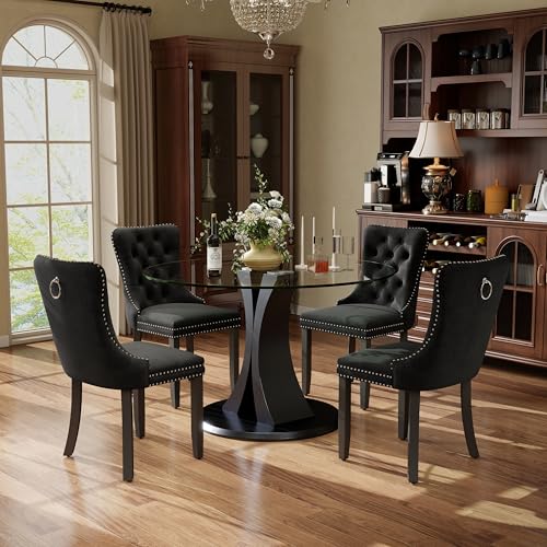 Image of 5-Piece Dining Table Set with 39In Tempered Glass Table and 4 Velvet Upholstered Chairs, Modern Scandinavian Furniture for Dining Room Kitchen(Black)