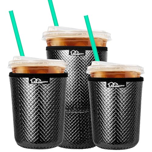 Image of WKIEASON Reusable Iced Coffee Sleeves 16-32OZ PU Leather Neoprene Coffee Cup Sleeves Insulator Cover for Cold Drinks Beverages, Starbucks, McDonalds, Dunkin Donuts and More(Black Set)