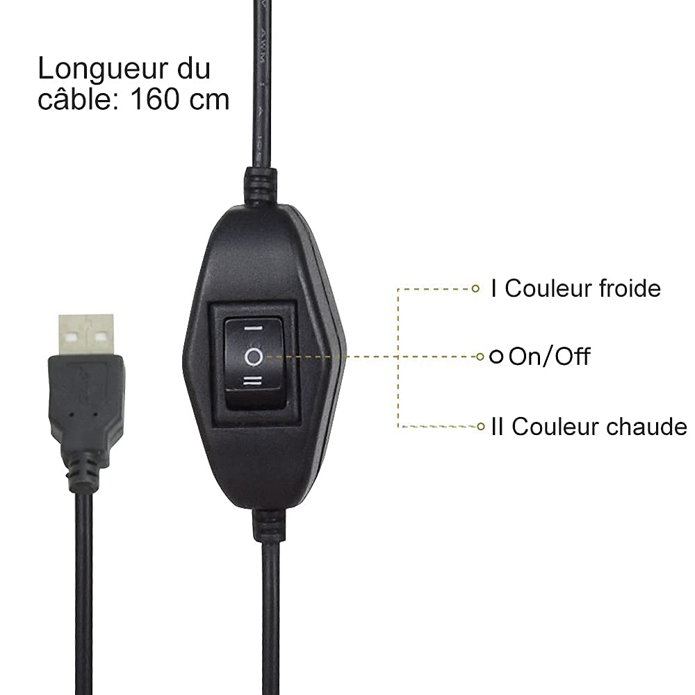 Depuley 6W - Lámpara de escritorio USB Clipsable con pinza de lectura en cama, luz blanca cálida y fría, cuello de cisne flexible de metal negro (adaptador no incluido) [Clase energética A++]