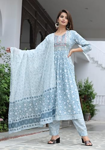 Image of Women's Stylish Rayon Nayra Cut Kurta Embroidered Work and Round Neck 3 /4 Sleeve with Pant Dupatta Set