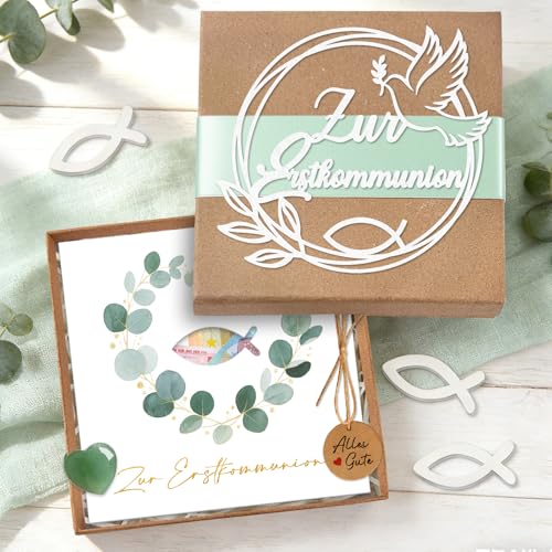 Erstkommunion Geschenke für Mädchen Junge Geldgeschenk Kommunion Verpackung Geschenkbox & Karte & Glücksstein & Holzfische Geschenke zur Kommunion Kommunionsgeschenk Elegante Erstkommunion Karten
