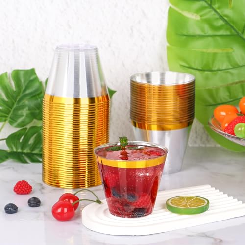 Image of 50 Pcs Gold Plastic Cups,9Oz Gold Rimmed Plastic Cups,Heavy Duty Gold Rim Clear Disposable Plasitc Cocktail Tumblers Wine Cup for Party,Wedding,Birthday,Christmas