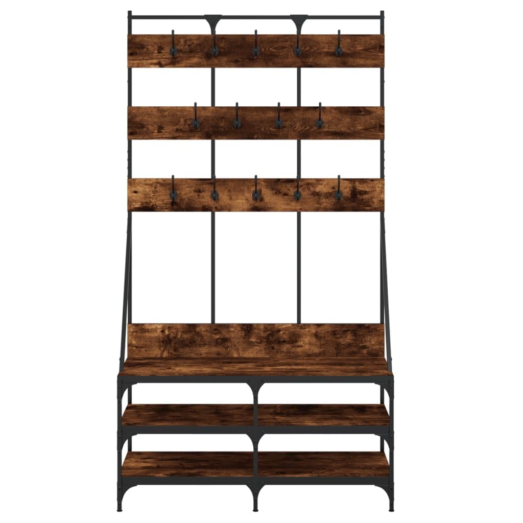 Kleiderständer mit Schuhablage Räuchereiche Holzwerkstoff und Metall 100x40x184 cm freistehend mit Haken und Rollen platzsparend für Schlafzimmer Flur Ordnung