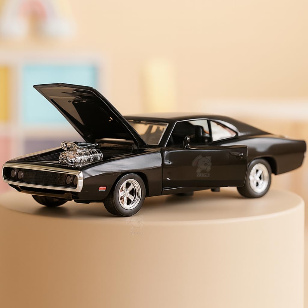 Storio Die-Cast Metal Cars 1:32 Scale | Pull Back Action Toy Vehicles with Openable Doors & Lights | Alloy Model for Kids | Miniature Collectible Cars for Boys & Girls 3+ Years (Dodge Charger)