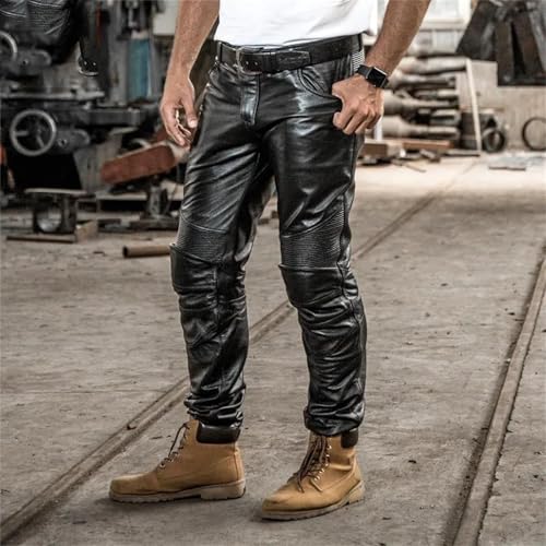 Men's Cargo Style Windproof Cow Leather Moto Biker Straight Pants