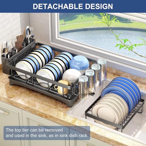 Image of Carbon Steel 2 Tier Dish Racks For Kitchen Counter Dish Drying Rack With 360Drainage Dish Drainboard Set With Cutlery & Cup Holder Dish Drainers Over Sink (SS-11) 32 x 8 x 8 Cm Black