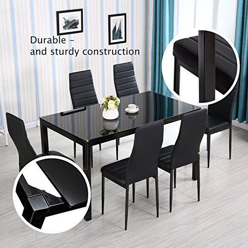 Mecor 7 Piece Glass Kitchen Dining Table Set, Glass Top Table with 6 Faux Leather Chairs Breakfast Furniture,Black