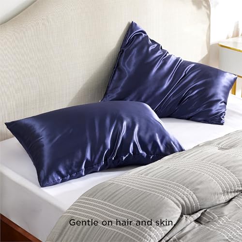 Image of Bedsure Satin Pillowcase with Zipper,King Pillow Cases Set of 2 | Similar to Silk Pillow Cases 2 Pack, Silky & Soft Pillow Cover for Hair and Skin, Gifts for Women Men, Navy, 20x36 Inches