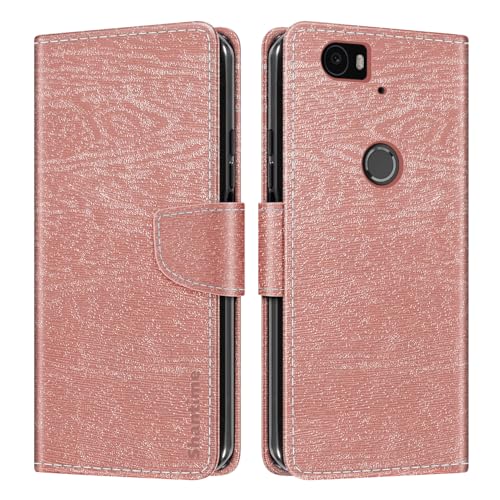 Shantime Leather Wallet Case Compatible with Huawei Nexus 6P, Colorful Flip Cover with Card Holders Magnetic Closure Full Protection Shell(Rose Gold)
