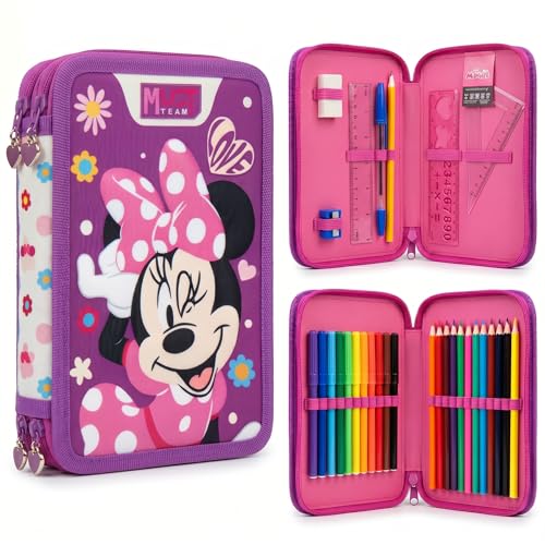 Disney Estuche de lápices de dos pisos lleno de papelería para niños, Minnie Morado, doble cremallera, Diseño moderno