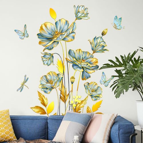 Blue and Gold Floral Wall Decals with Butterflies and Dragonflies, Large Flower Wall Stickers, 39.37x29.52 Inch, Bedroom Living Room Decor (Blue and Gold)