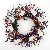 MG MagicGarden 20-Inch Halloween Wreath - Handmade Orange & Black Berry Wreath with Adorable Mini Ghosts, Spooky Front Door Decor for Halloween Party