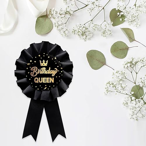 Image of Black Birthday Queen Tinplate Badge Pin, Happy Birthday Award Ribbon Rosette Button Pin Girl or Women Party Decorations Sign