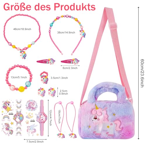 Einhorn Handtasch, 13 Pcs Einhorn Handtasche Schmuckset für Mädchen, Einhörnern Kinderschmuck Halskette Armband, Ring, Haarspange, Geburtstagsgeschenk