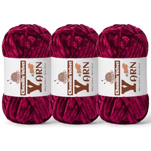 Image of 3 Pack Plush Chenille Chunky Yarn - Fluffy Velvet Yarn Crochet for Blanket Knitting and Crocheting - Soft Baby Yarns for Crocheting - Amigurumi Crochet Yarns 100g (87yds) (3 Burgundy)
