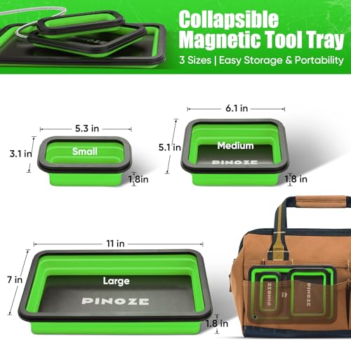 Image of PINOZE Collapsible Magnetic Parts Organizer Trays & 12 inch Flexible Magnetic Pickup Tool, 3 Different Size Magnet Tool Trays & Pick-Up Sweeper for Screw, Bolts, Nuts, Washers, Pins and Metal Parts, Green