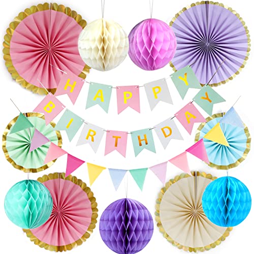 Pastel Birthday Party Decorations Macaron Happy Birthday Banner Bunting Hanging Paper Fans Pom Poms Honeycomb Decorations Set For Girls And Womens
