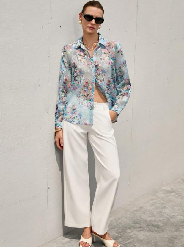 Image of Women Shirt || Women Top ||Floral Print Polo Collar Shirt, Casual Long Sleeve (S-26-28)
