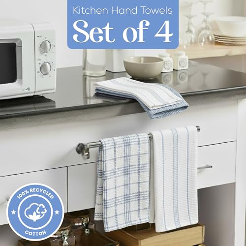 Image of Kitchen Towels Set of 4 Dish Towels Blue n White Waffle Weave Cotton Hand Towels, 18 x 28 Absorbent Kitchen Linens