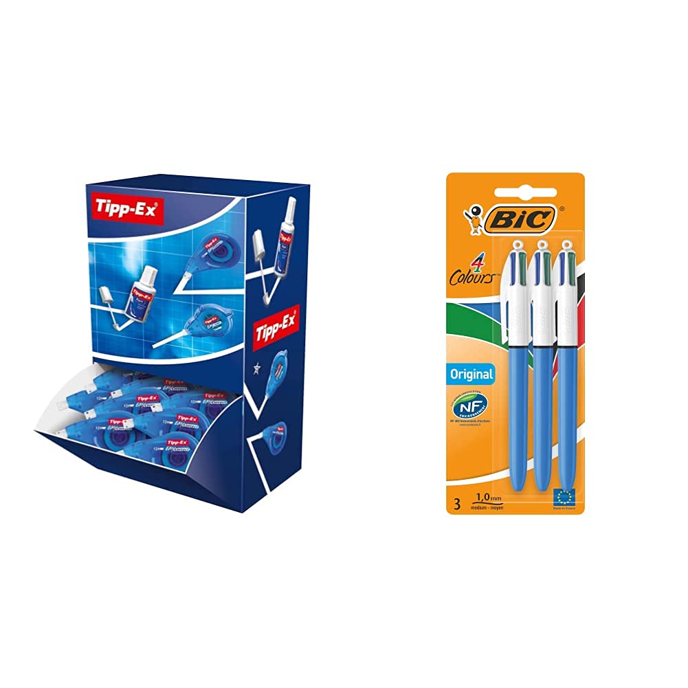 Tipp-Ex Easy Correct Rubans Correcteurs - 12 m x 4,2 mm, Boîte de 15+5 & 4 Couleurs Original Stylo-Billes Rétractable Pointe Moyenne (1,0 mm) - Blister Format Spécial de 3
