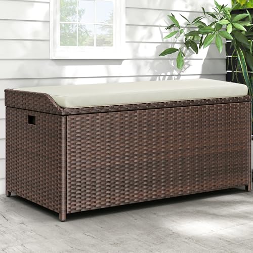 YITAHOME Outdoor Storage Bench 70 Gallon PE Rattan Patio Storage Bench w/Handles and Soft Cushion Outdoor Storage Box for Patio Yard Lawn Garden