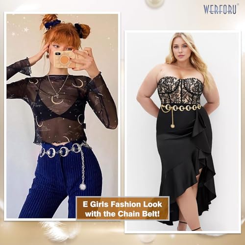 WERFORU 2 Pack Women's Silver Gold Metal Link Moon Star Body Chain Belt Ladies Waist Chain Belt for Jeans Dress2