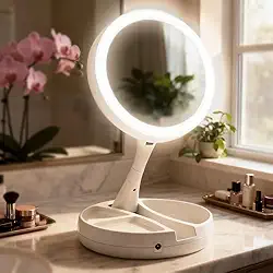 Espelho de Mesa Retrátil Dupla Face com Luz LED, Aumento 10x, Articulado e Dobrável com Organizador