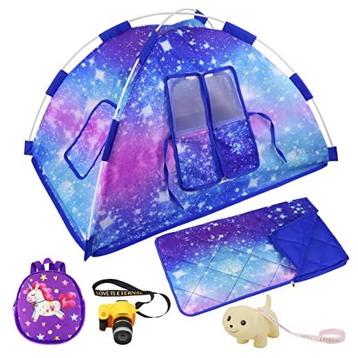 Ecore Fun 5 Items 18 inch Dolls Camping Tent Set and Accessories Including Girl Doll Tent, Sleeping Bag, Backpack, Toy Camera and Dog