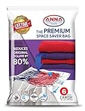 Anna Home Jumbo Vacuum Storage Bags (6 Large) Space Saver Storage Bags. Durable and Reusable Vacuum Sealer Bags, Travel Hand Pump Included