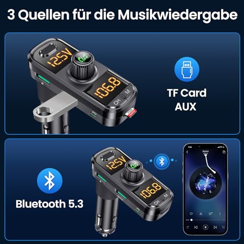 GizmoVine FM-Transmitter Adapter Kit, Bluetooth-Empfänger für Auto mit QC3.0 & PD3.0 Fast Charger, Musik-Radio, MP3 und USB, Zigarettenanzünder-Sender, Hands Free Car Adapter für Telefon