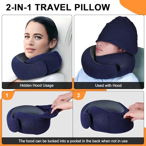 Image of Travel Pillow - Hooded Neck Pillow Airplane Memory Foam Filling for Plane, Office, Cars Sleeping, Road Trip, Long Flights, Airplane Travel Essentials, Includes Eye Mask & Earplugs (Navy)