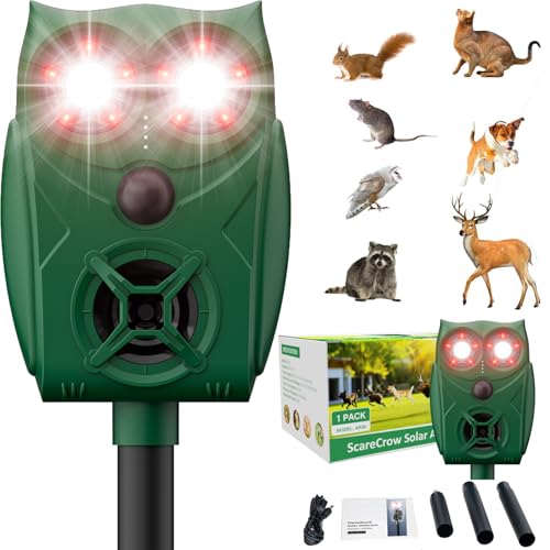 VxoDhuuo Repelente de gatos, repelente de gatos disuasorio para jardines del Reino Unido, espantador de animales ultrasónico con alarma de luz intermitente de llama y sensor PIR, 5 modos de ajuste
