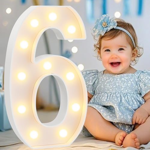 Image of Pooqla Large Light Up Numbers for 6th Birthday Decorations, 12.6 in Tall White Plastic Marquee Numbers Sign Party Decorations, Gift for Girls Boys Night Light Wedding Anniversary Decor, Big Number 6