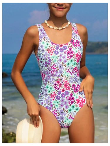Image of BEAUDRM Girl Floral One-Piece Swimsuit Boho Round Neck Swimsuit Beachwear