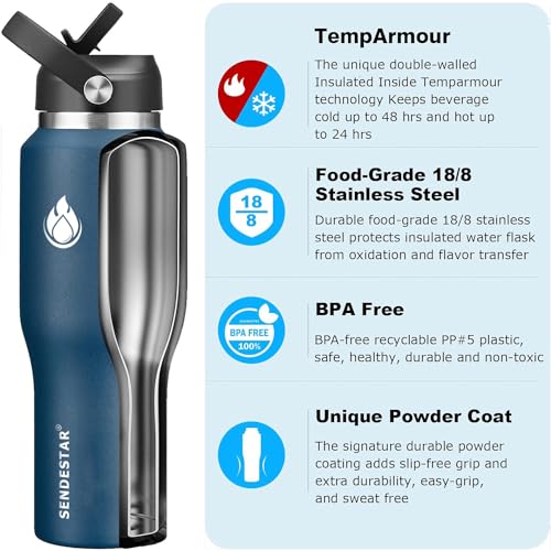 Image of SENDESTAR 40oz Stainless Steel Water Bottle(Cold for 48 Hrs, Hot for 24 Hrs),Double Wall Vacuum Insulated Bottle with Straw Lid, Spout Lid and Flex Cap, Fit in Any Car Cup Holder,Navy