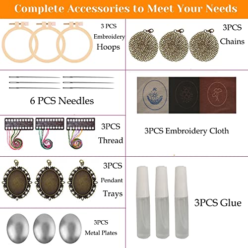 Image of levylisa Embroidery Beginner Kit 3 Patterns Embroidery Starter Kit with Hoop Embroidered Stitching Necklace Pendants Floral Plate Jewelry Necklace for DIY Art Crafts Sewing and Hanging(Type 2)