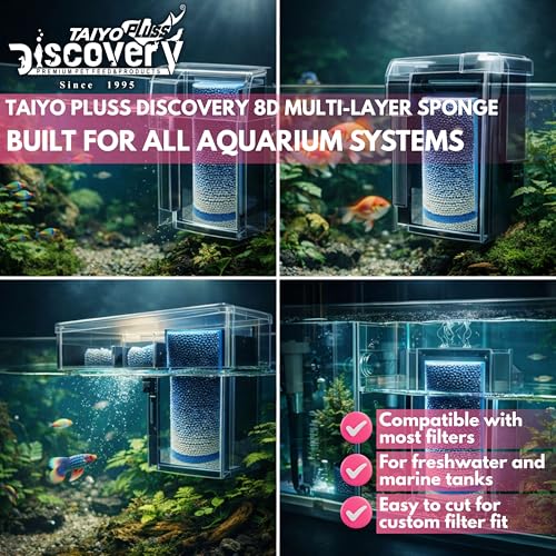 Image of Taiyo Pluss Discovery 8D Aquarium Filter Sponge Pad - 25 x 11 cm (4 Pack) | 8-Layer Reusable & Washable Fish Tank Filter Media | Cut to Fit Sponge for Clear Water | for Top Aquarium & Pond Filters