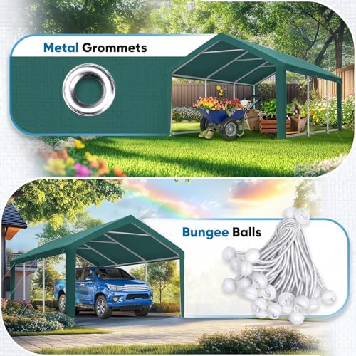 Image of ADVANCE OUTDOOR 10x20 ft Carport Replacement Top Cover w /Leg Cloth, Heavy Duty Waterproof & UV Protected, Easy Installation with Ball Bungees, Green, Roof Only