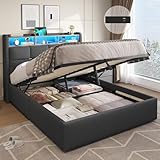 DICTAC Double Ottoman Bed Frame with Hydraulic Storage,Charging Station and Led Lights 4ft6 Upholstered Platform Bed Frame with Storage Headboard,Sturdy Wood Slats,Grey-135x190 cm(No Mattress)