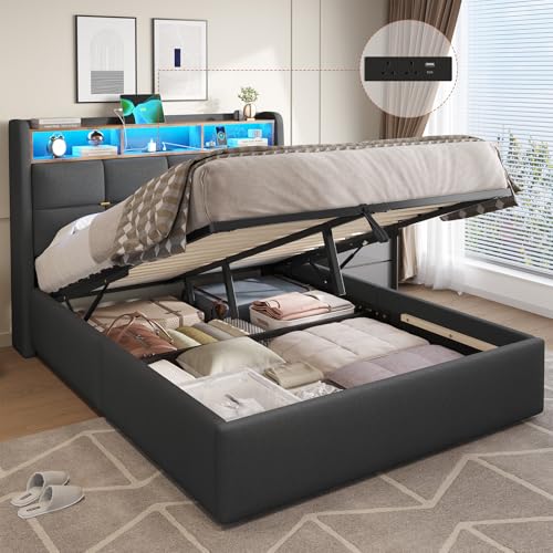 DICTAC Double Ottoman Bed Frame with Hydraulic Storage,Charging Station and Led Lights 4ft6 Upholstered Platform Bed Frame with Storage Headboard,Sturdy Wood Slats,Grey-135x190 cm(No Mattress)