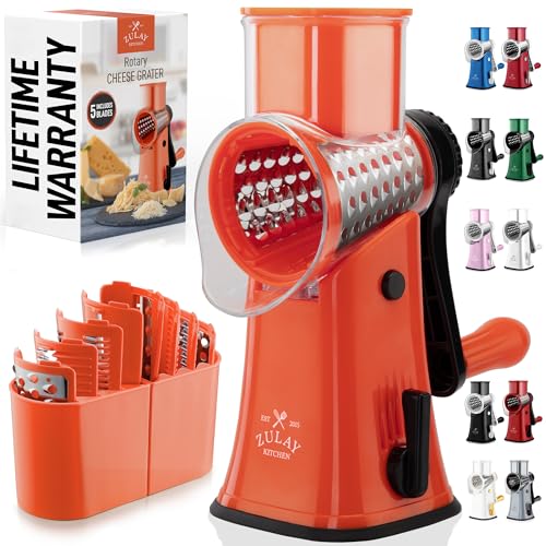 Image of Zulay Kitchen Rotary Cheese Grater 5 Blade Cheese Shredder - Manual Hand Crank Cheese Grater With Reinforced Suction & 5 Interchangeable Drums - Easy to Use, Vegetable Chopper Round Mandoline Slicer